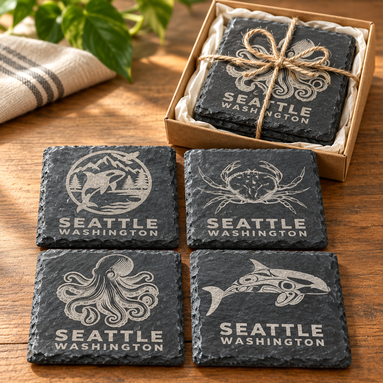 Seattle & Pacific Northwest Slate Coasters — Set of 4